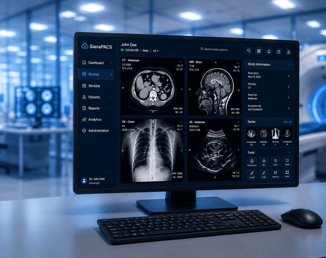 SianaPACS medical imaging workstation in a modern radiology laboratory